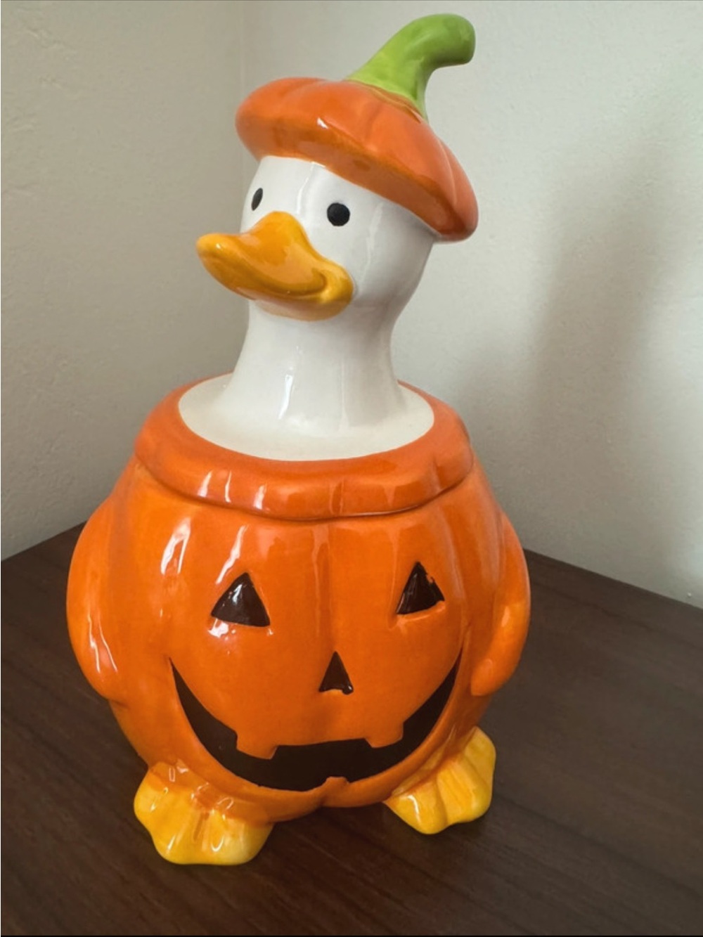 Ceramic Duck in Pumpkin Costume cookie or candy Jar - Halloween or Fall Decor